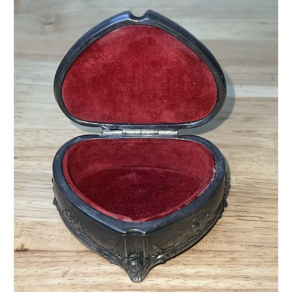 Antique Jennings Bro Art Nouveau Double Heart Metal Jewelry Trinket Box Lined
